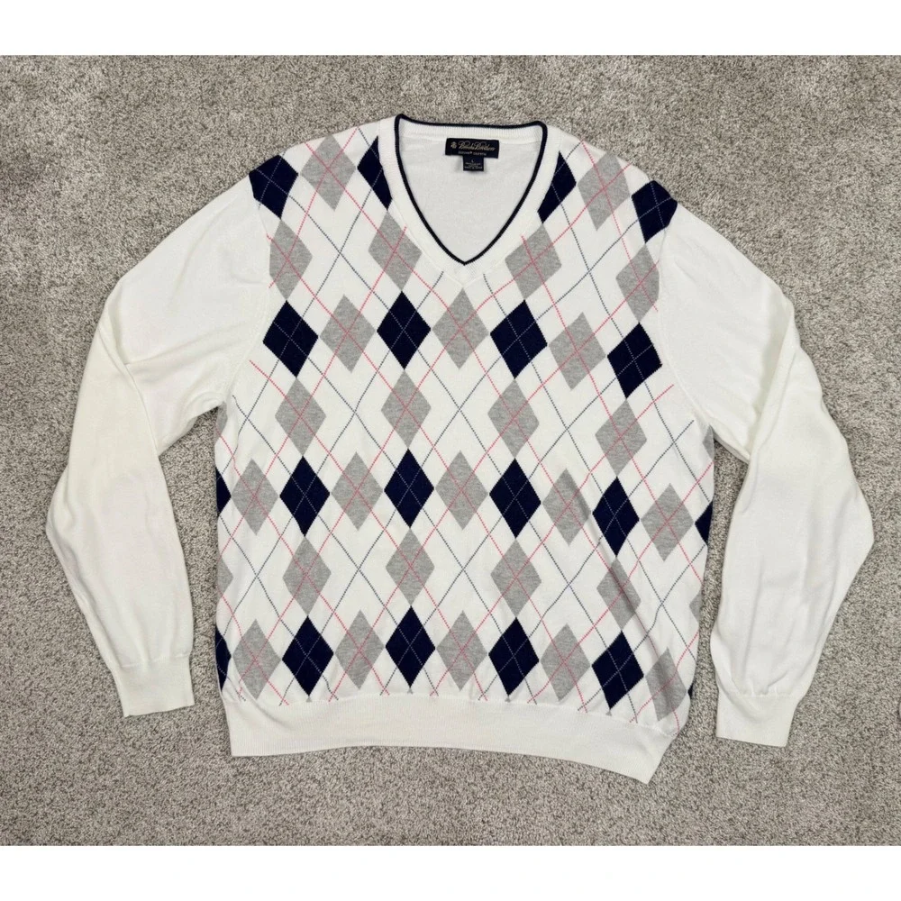 Brooks Brothers Mens White Argyle Supima Cotton V-Neck Sweater Large Navy Grey